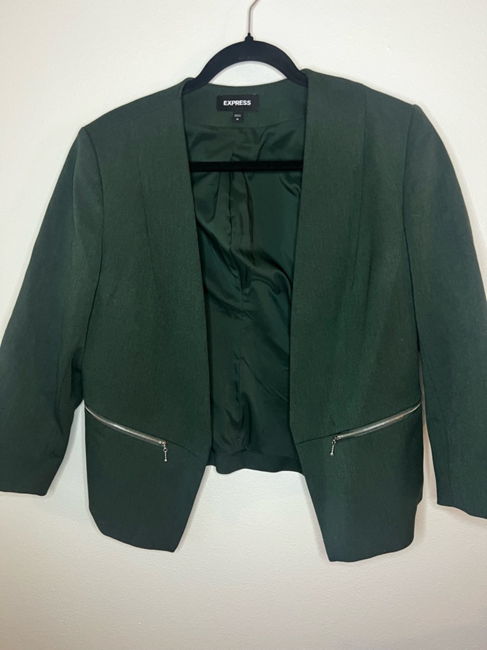 Express Cropped Blazer Size 12 Green Open Front Zipper Pocket Jacket